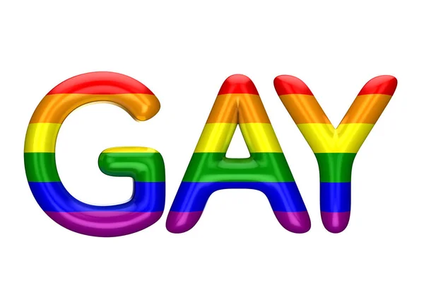 Гей слово, зроблене з блискучих LBGT гей-лист гордість веселки. 3D Rend — стокове фото