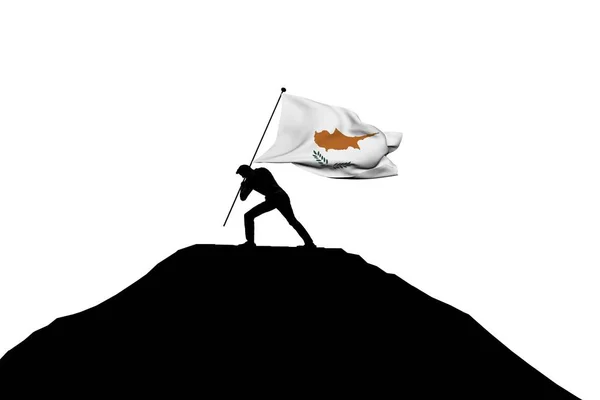 Cyprus flag being pushed into mountain top by a male silhouette. — Stock Photo, Image