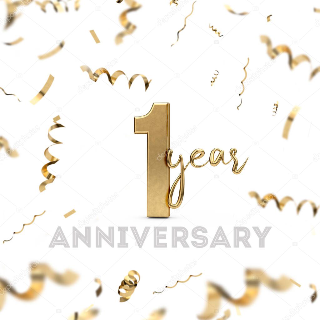 1 year anniversary celebration. Gold number with golden confetti