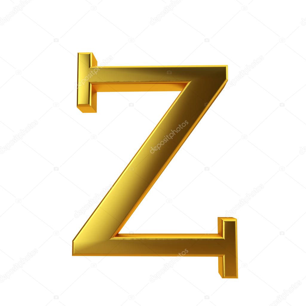 Shiny gold letter Z on a plain white background. 3D Rendering