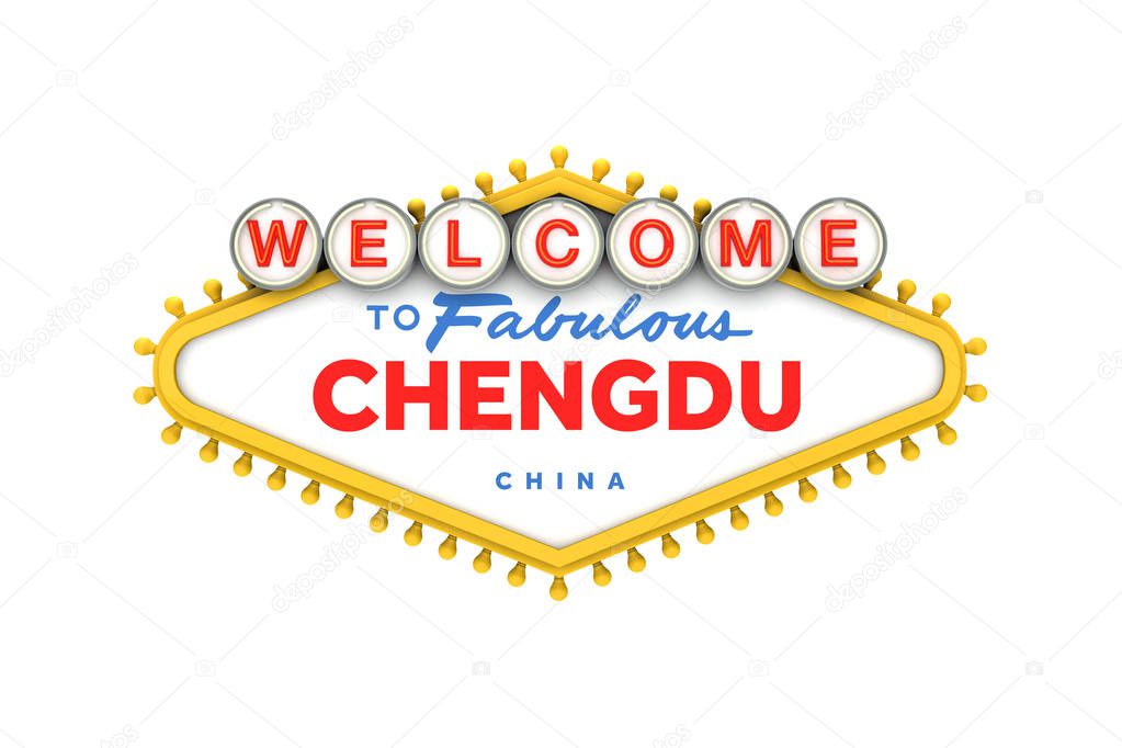 Welcome to Chengdu, China sign in classic las vegas style design
