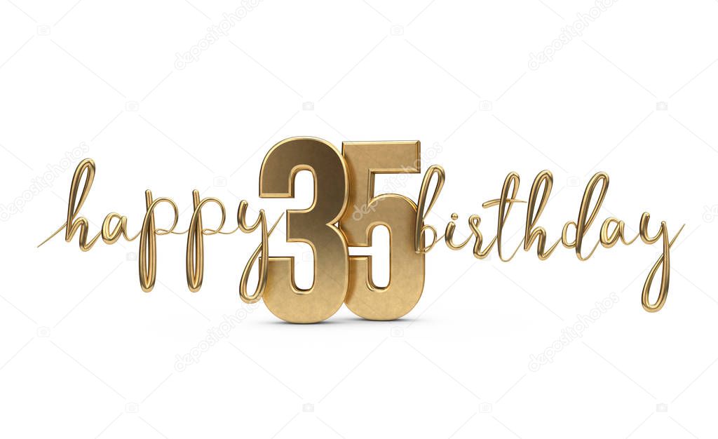 Happy 35th birthday gold greeting background. 3D Rendering