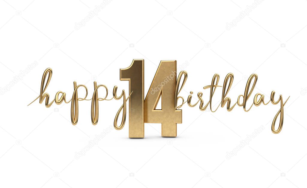 Happy 14th birthday gold greeting background. 3D Rendering