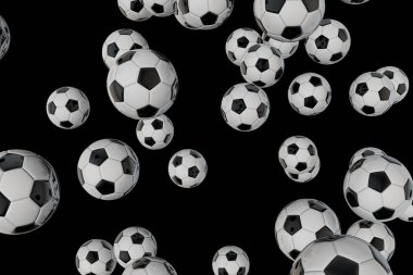 Düz siyah bir arka plan üzerinde düşen futbol futbol topları. 3d Re