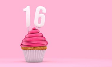 16 numara pembe doğum günü kutlaması keki. 3d Rendering