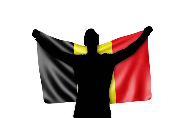 Manlig silhuett Holding Belgiens flagga. 3D-rendering — Stockfoto