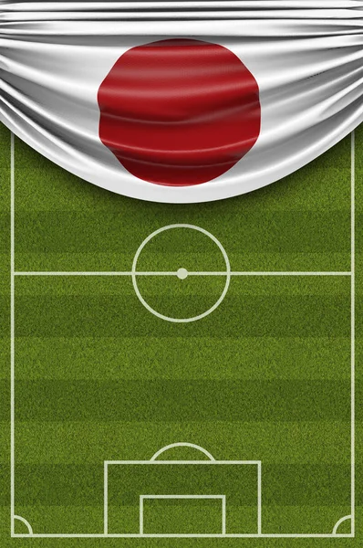 Japan country flag draped over a football soccer pitch. 3D Rende — Stock Photo, Image