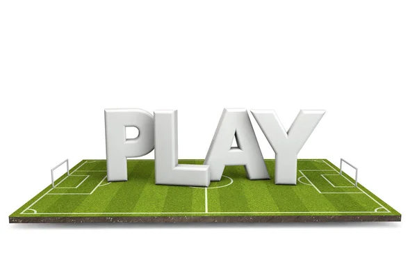 Futball, futball-pályán fehér játék szöveggel. 3D renderelés — Stock Fotó