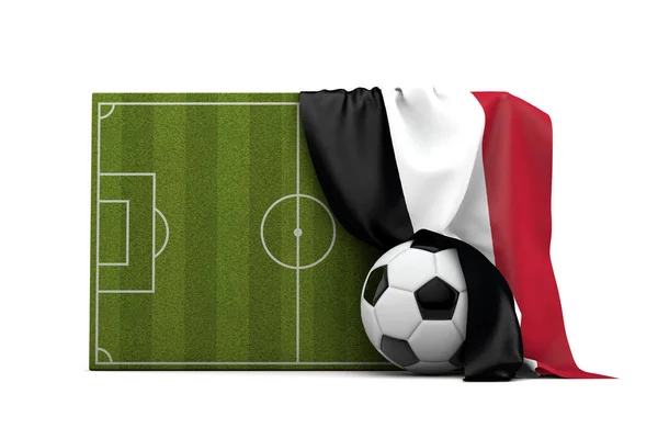 Yemen country flag draped over a football soccer pitch and ball. — Stock Photo, Image
