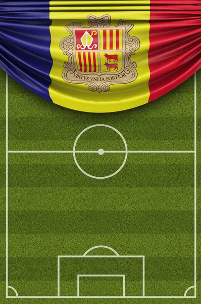 Bandeira do país de Andorra coberta por um campo de futebol. Ren 3D — Fotografia de Stock