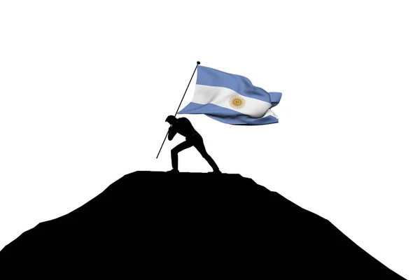 Η σημαία της Αργεντινής πιέζεται στην κορυφή του βουνού από μια αρσενική Σιλουέτ — Φωτογραφία Αρχείου
