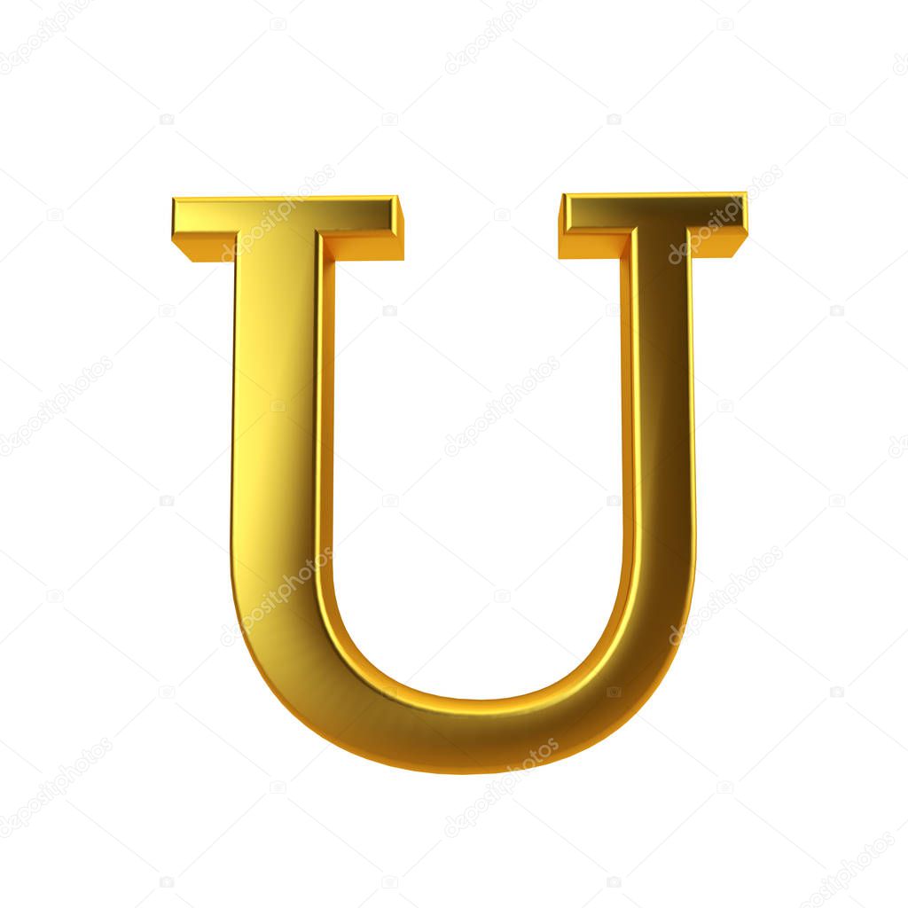 Shiny gold letter U on a plain white background. 3D Rendering