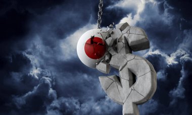 Japonya bayrak topu bir Abd doları para sembolü parçalama. 3d Render