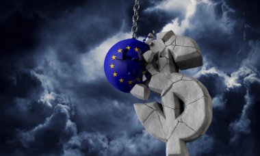 Avrupa Birliği bayrak topu bir Amerikan doları para birimi sembolünü parçalıyor. 3d Hazırlama