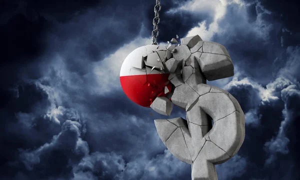 Флагманский мяч Польши разбивает символ доллара США. 3D Render — стоковое фото