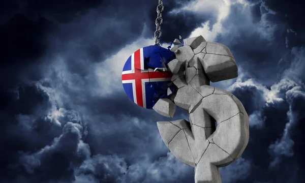 Islândia bola de bandeira esmagando um símbolo de moeda do dólar dos EUA. Renderização 3D — Fotografia de Stock
