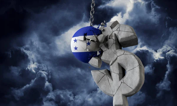 Honduras flag ball smashing a USA dollar currency symbol. 3D Render