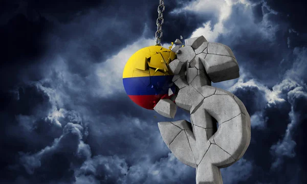 Colombia flag ball smashing a USA dollar currency symbol. 3D Render