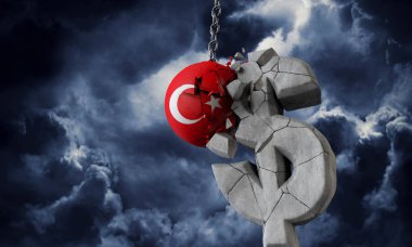 Türkiye bayrak topu bir Abd doları para sembolü parçalıyor. 3d Render