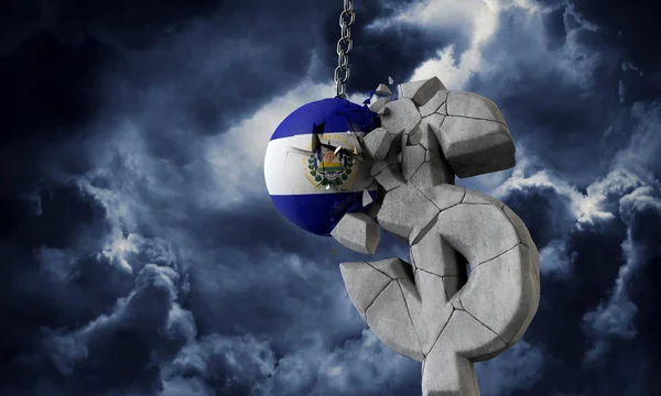 Η μπάλα του Ελ Σαλβαδόρ σπάει ένα σύμβολο νομίσματος των ΗΠΑ. Απόδοση 3D — Φωτογραφία Αρχείου