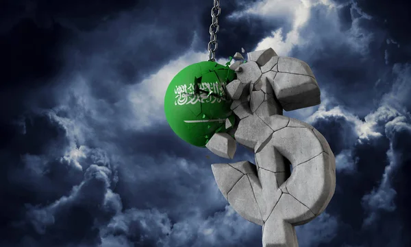Флагманский шар Саудовской Аравии разбивает символ доллара США. 3D Render — стоковое фото