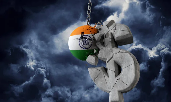 Bola de la bandera de la India rompiendo un símbolo de moneda dólar EE.UU.. Renderizado 3D — Foto de Stock