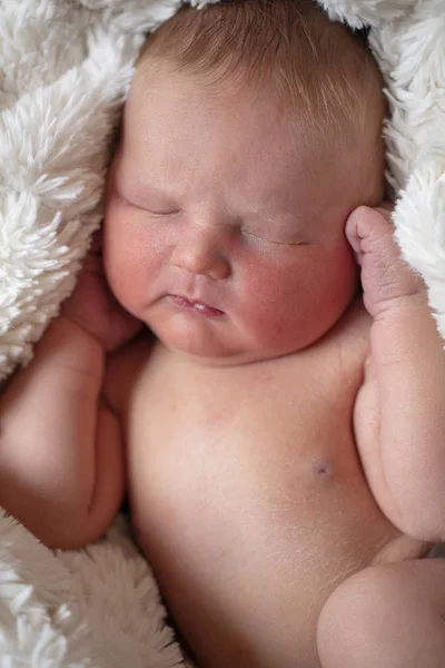 Um lindo bebê recém-nascido dormindo em um cobertor de pele — Fotografia de Stock