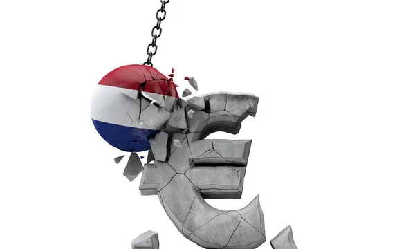 Netherlands flag ball smashing a European Euro currency symbol. 3D Render — Stock Photo, Image