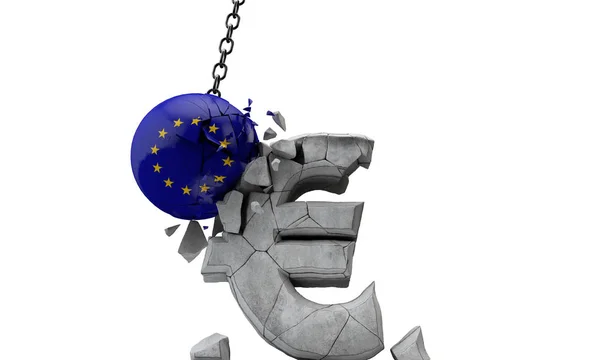 ユーフラグボールは、欧州ユーロの通貨記号を粉砕します。3Dレンダリング — ストック写真