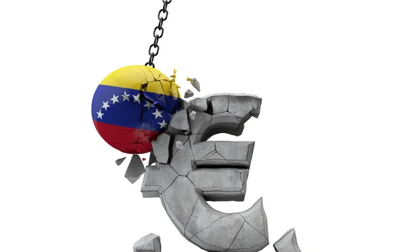 Venezuela flag ball smashing a European Euro currency symbol. 3D Render — Stock Photo, Image