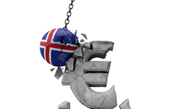 Iceland flag ball smashing a European Euro currency symbol. 3D Render — Stock Photo, Image