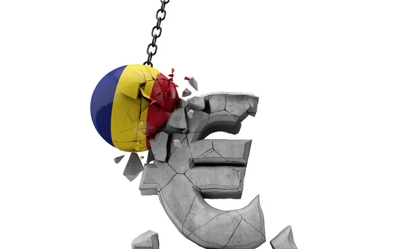 Rumäniens Flaggenball zertrümmert ein europäisches Euro-Währungssymbol. 3D-Darstellung — Stockfoto