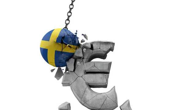 Σημαία Σουηδίας συντρίβει ένα ευρωπαϊκό σύμβολο νόμισμα ευρώ. 3d αποτύπωση — Φωτογραφία Αρχείου