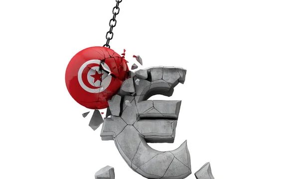 Balle du drapeau tunisien brisant un symbole européen de la monnaie européenne. Expéditeur 3D — Photo