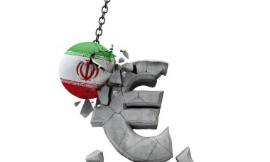 Avrupa para birimi sembolünü ezen İran bayrak topu. 3d Hazırlama