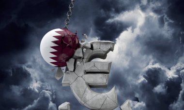 Katar bayrak topu Avrupa para birimi sembolünü parçalıyor. 3d Hazırlama