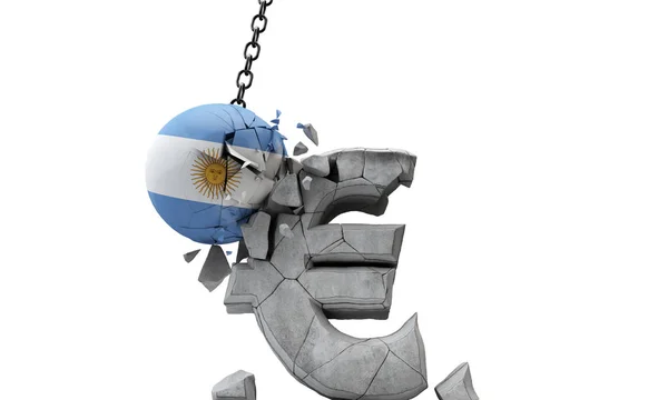 Argentina flag ball smashing a European Euro currency symbol. 3D Render — Stock Photo, Image