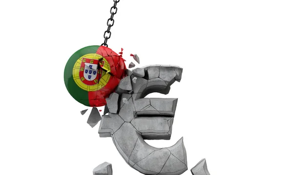 Der portugiesische Fahnenball zertrümmert ein europäisches Euro-Währungssymbol. 3D-Darstellung — Stockfoto