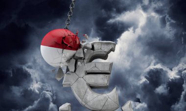 Endonezya bayrak topu bir Avrupa para birimi sembolünü parçalıyor. 3d Hazırlama