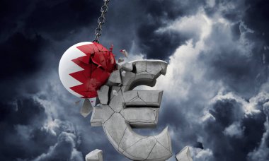 Bahreyn bayrak topu Avrupa para birimi sembolünü parçalıyor. 3d Hazırlama