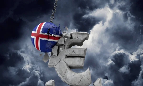 Iceland flag ball smashing a European Euro currency symbol. 3D Render — Stock Photo, Image