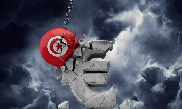 突尼斯国旗球砸碎了欧洲货币符号。 3d渲染 — 图库照片