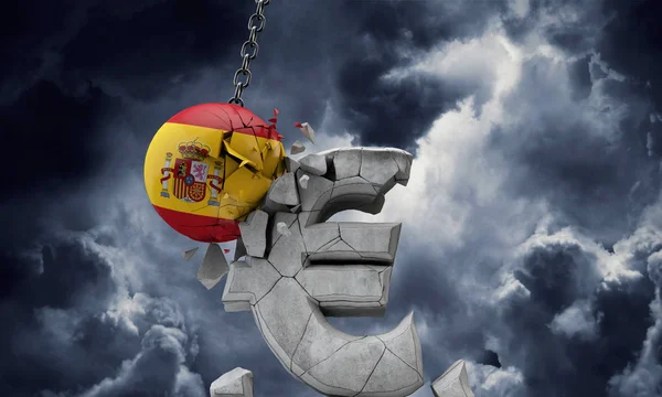 Флагманский мяч Испании разбивает символ европейской валюты евро. 3D Render — стоковое фото