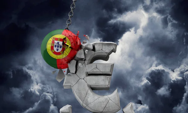 Balle du drapeau portugais brisant un symbole européen de la monnaie européenne. Expéditeur 3D — Photo