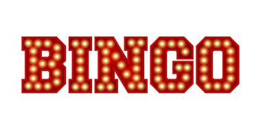 Beyaz üzerine izole edilmiş kırmızı renkli ampul harflerinden yapılmış bingo kelimesi. 3d Hazırlama