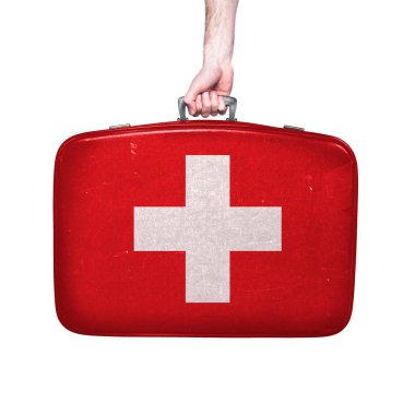 Vintage deri bavul İsviçre bayrağı.