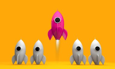 Roket uzay gemisi. Girişim konsepti. 3d Hazırlama