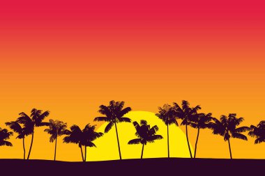 Tropik palmiye ağacı silueti gün batımında gökyüzüne karşı. 3d oluşturma