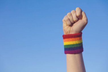 Gay gurur konsepti. Gey gururuyla el işareti yapan Lgbt