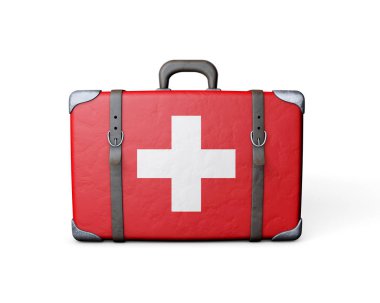 Eski deri bir bavulda İsviçre bayrağı. 3d Hazırlama